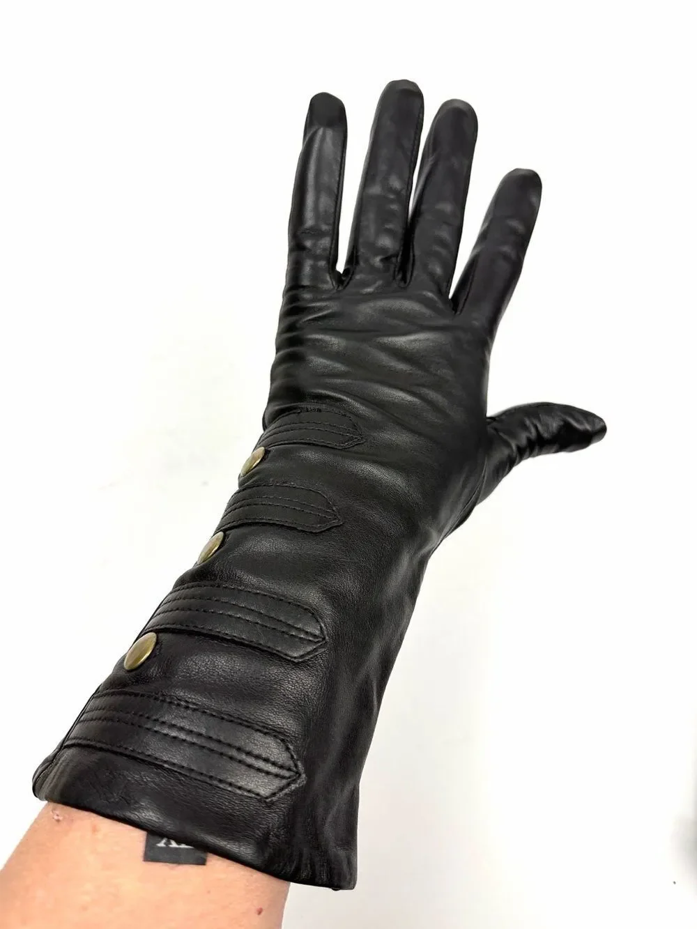 Mercer & Madison Black Leather Gloves Silk Lined XL 12” Long Brass Stud Accent